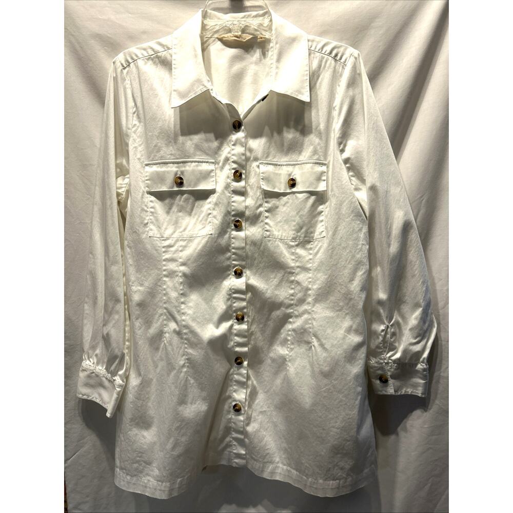 Soft Surroundings sz large White Collared Button Up Tunic Shirt Boho Lagenlook